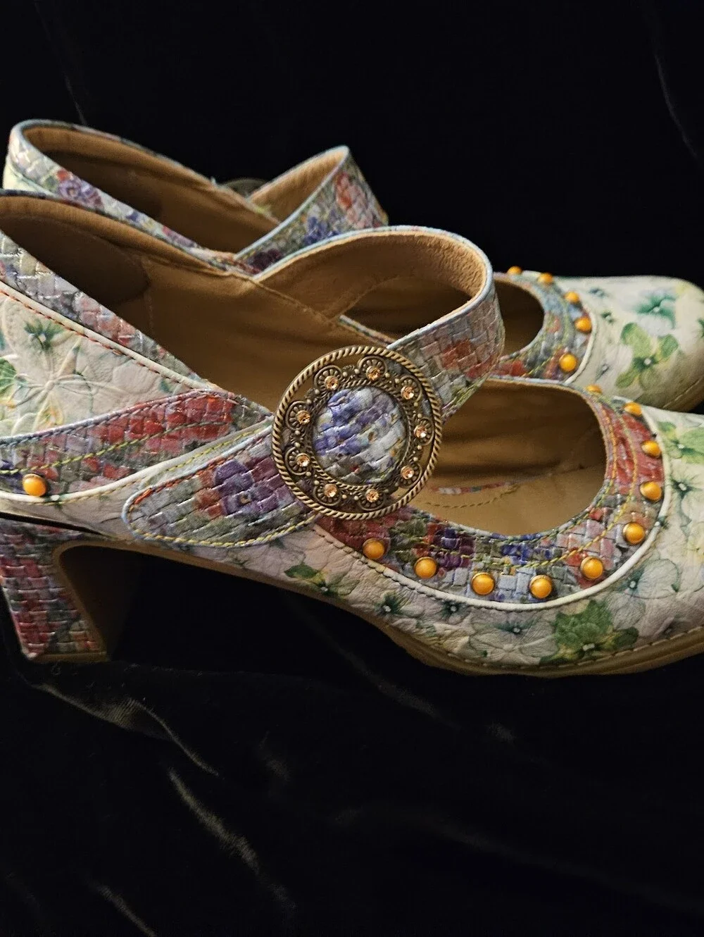 SPRING STEP  L'ARTISTE Floral Mary Jane Block Heel Shoes with Embellished Strap - Picture 3 of 4